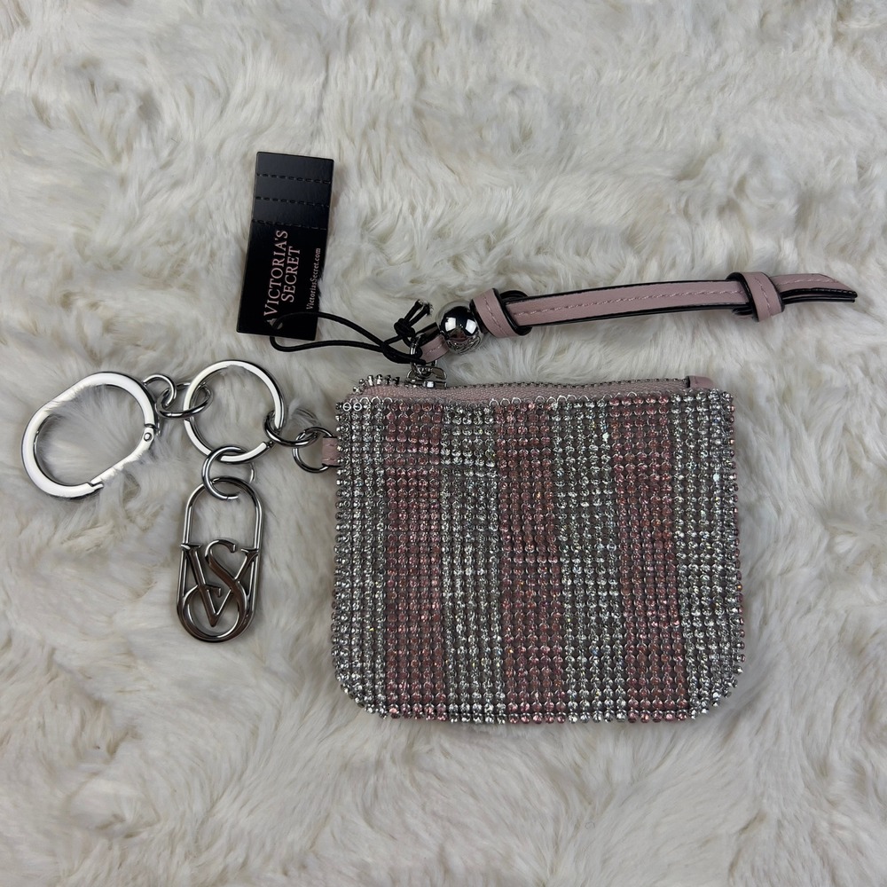 Victoria's Secret Shine Iconic Stripe Pouch Bag Charm Keychain Crystals All Over